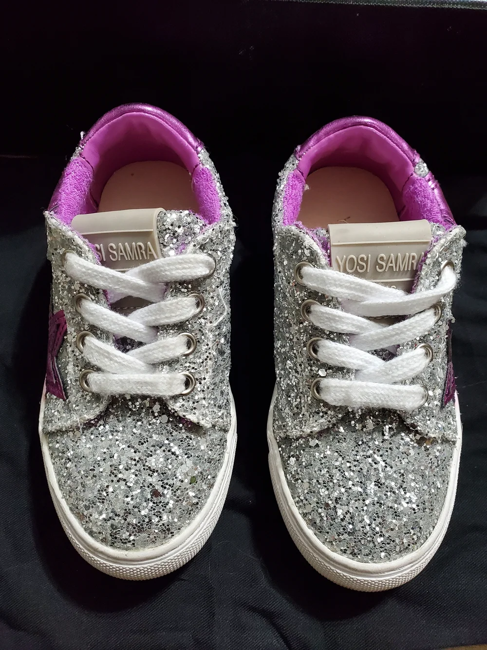 Yosi Samra Kids Silver Glitter Sneakers with Metallic Purple Star
